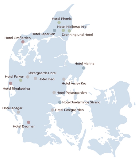 Danmarkskort over Danske Hoteller A/S hoteller i Black Week 2025